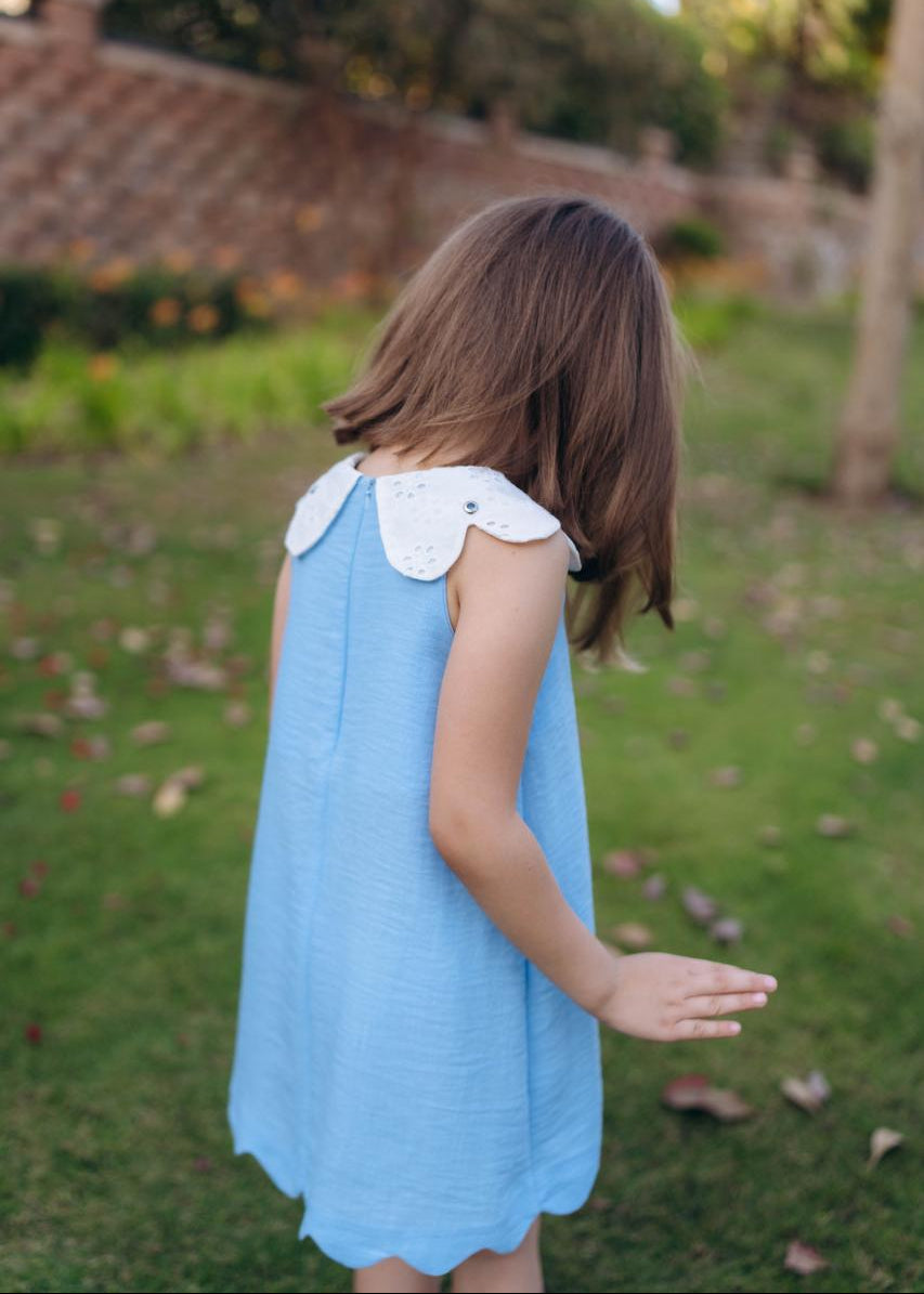 Young girl in a blue dress with a white collar standing outdoors on grass with leaves.